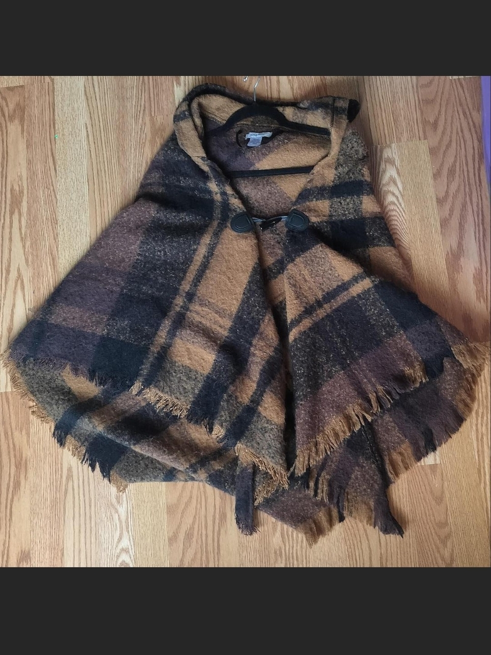 Nine West Hooded Plaid Poncho in Burnt Orange & Black